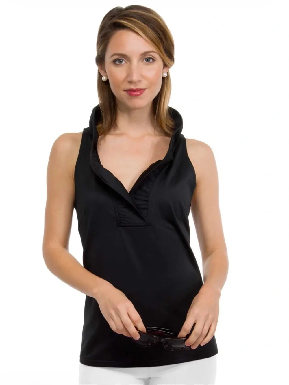 GRETCHEN SCOTT, Jersey Sleeveless Ruffneck Top - Solid Black, Size Large, NWOT - Picture 2 of 12